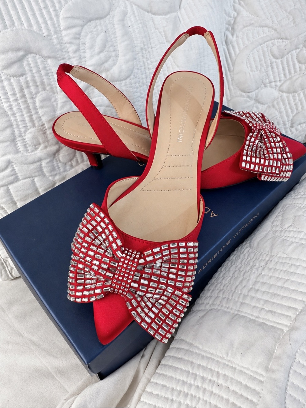 Adrienne Vittadini Red Pointed-Toe Slingback Heels with Crystal Bow